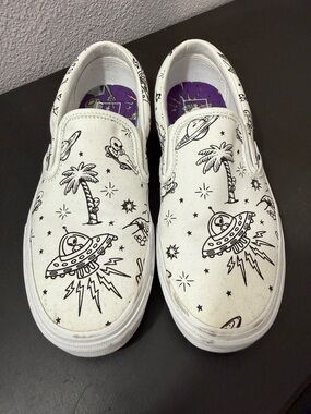 Vans White Slip-On Sneakers with Black Space UFO Print
